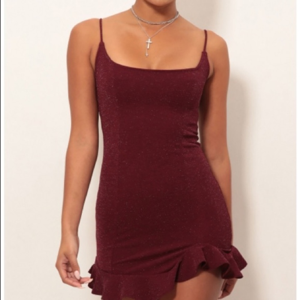Lucy in the Sky Ruffle Dress in Burgundy Shimmer